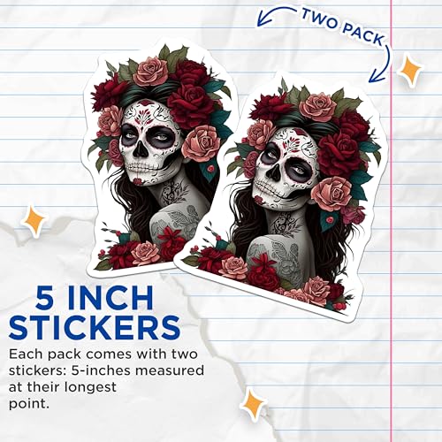 (2 Pack) Sugar Skull Woman Stickers - Day of The Dead Art - Floral Skull Tattoo - 5" On Longest Side - Sticks to Smooth Flat Surfaces - Made in USA - BMCS9201 - BMCS9201