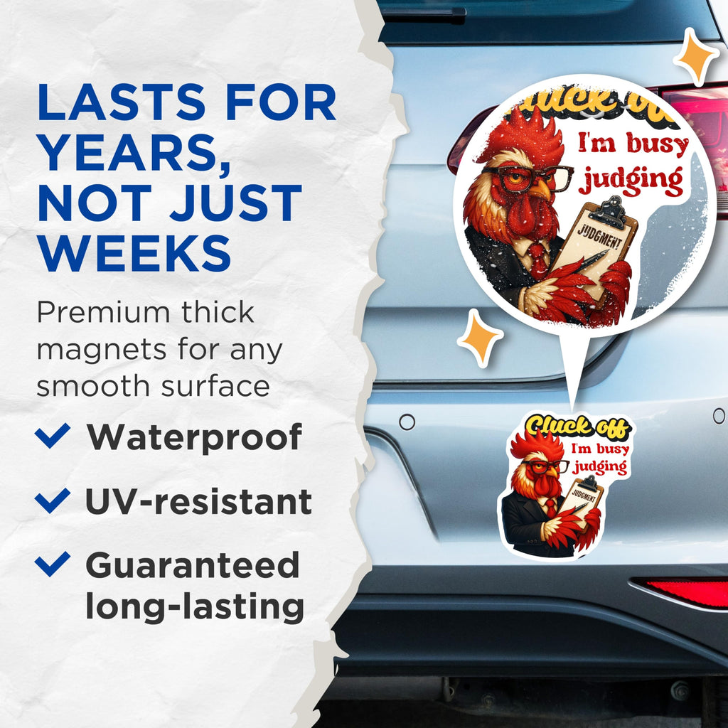 (2 Pack) Cluck Off Rooster Magnets - Busy Judging Chicken Decor - Sarcastic Farm Animal Fridge Office Locker Magnet Artwork - 5 Inches On Longest Side - Thick Durable Magnet - Made in USA - MAG23205