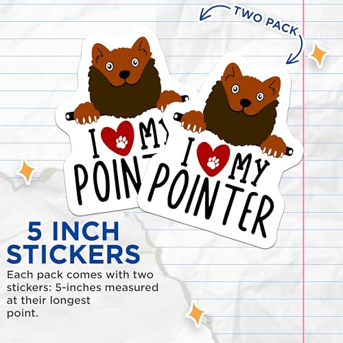 (2 Pack) I Love My Pointer Stickers - Fun Dog Breed Stickers - Pet Lover Decals for Dog Owners - 5" On Longest Side - Sticks to Smooth Flat Surfaces - Made in USA - BMCS4306