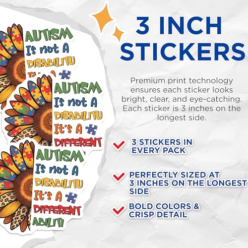 (3 Pack) Autism Awareness Decals - Sunflower Autism Puzzle Pieces - Laptop Decals - 3 Inches On Longest Side - Easy Peel & Apply - Made in USA - 3MCS8453