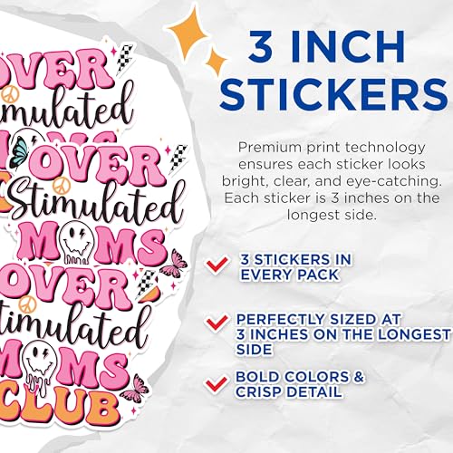 (3 Pack) Overstimulated Moms Club Decals - Mom Life - Funny Mom Laptop Decal - 3 Inches On Longest Side - Easy Peel & Apply - Made in USA - 3MCS1809