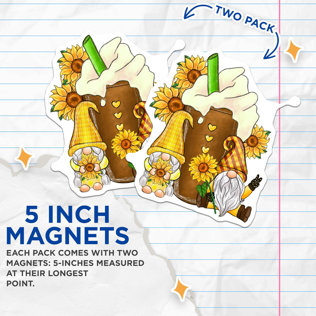 (2 Pack) Sunflower Gnomes Magnets - Autumn Latte - Cute Gnome Decals - 5" On Longest Side - Premium Magnet - for Cars, Refrigerators, Toolboxes, Lockers - Made in USA - MAG15121