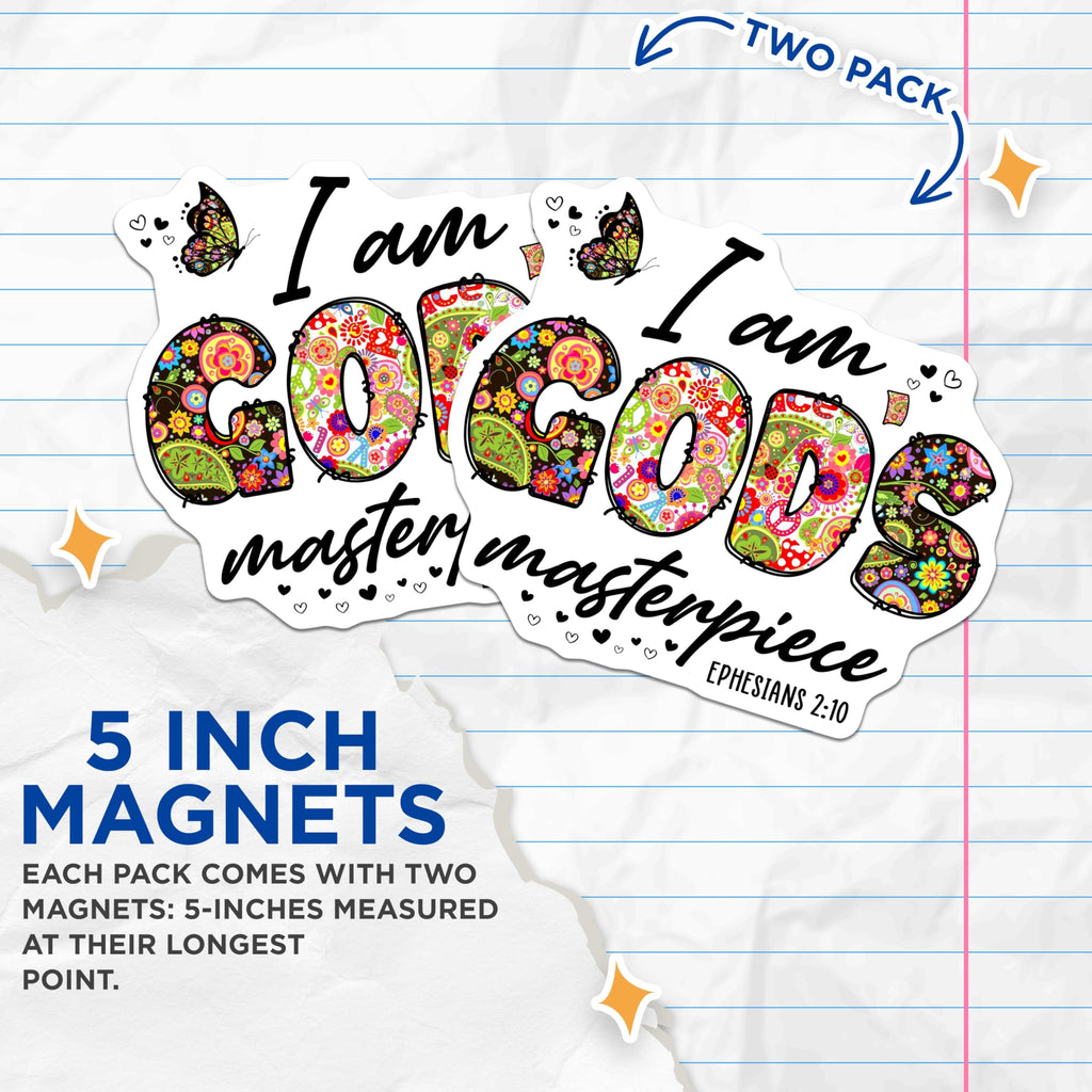 (2 Pack) Christian Faith Magnets - I Am Gods Masterpiece Ephesians 2 10 - Inspirational Floral Butterfly Boho Groovy Art - 5 Inches On Longest Side - Thick Durable Magnet - Made in USA - MAG24636