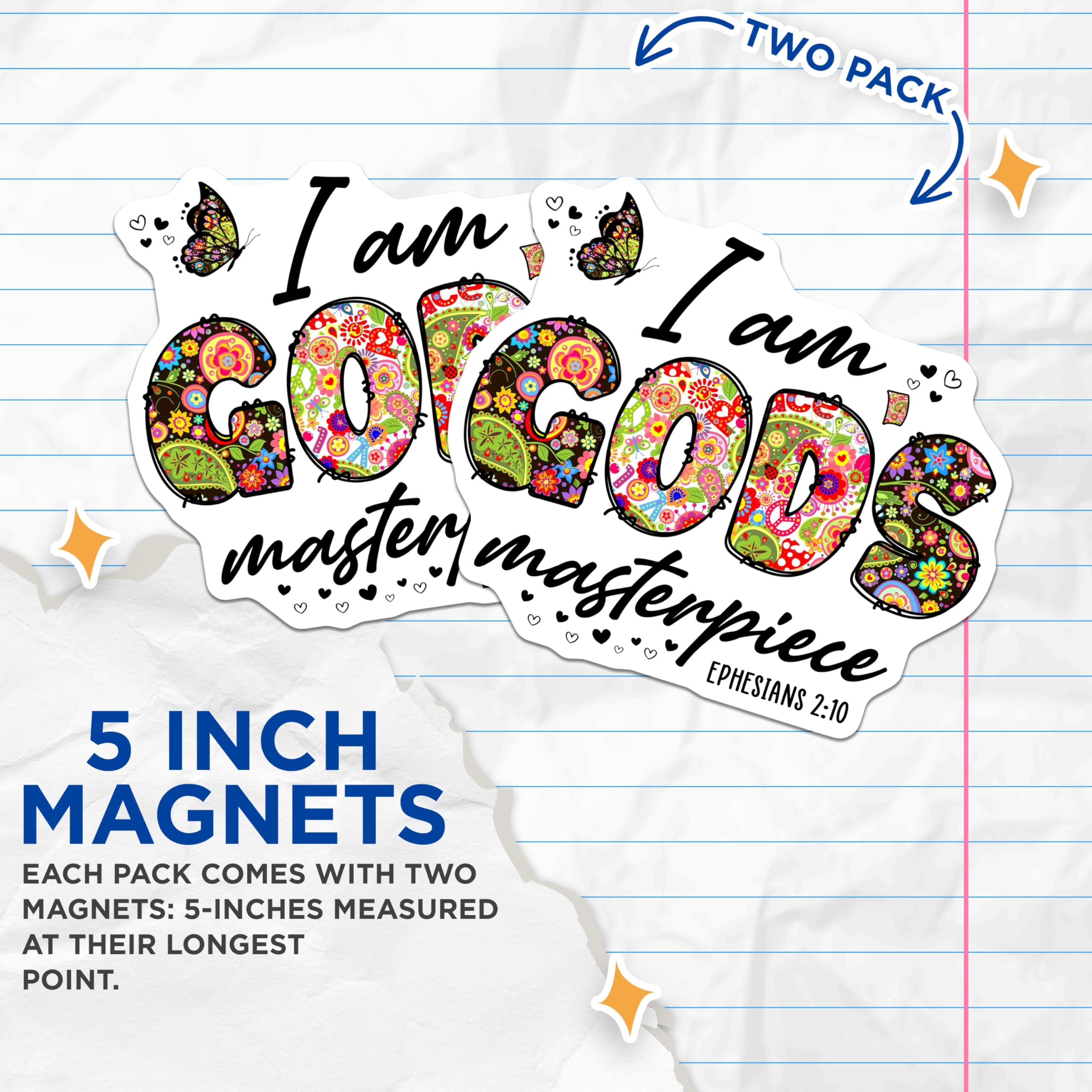 (2 Pack) Christian Faith Magnets - I Am Gods Masterpiece Ephesians 2 10 - Inspirational Floral Butterfly Boho Groovy Art - 5 Inches On Longest Side - Thick Durable Magnet - Made in USA - MAG24636