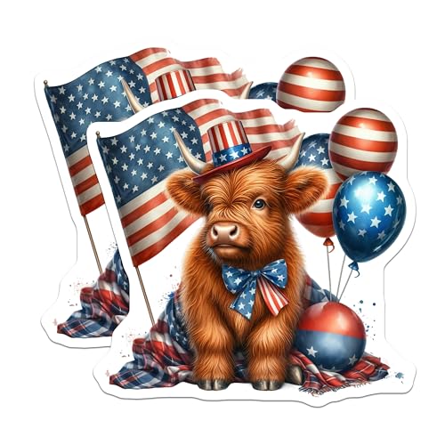 (2 Pack) Patriotic Highland Cow Stickers - USA Flag - American Pride - Cute Animal Sticker Art - 5" On Longest Side - Sticks to Smooth Flat Surfaces - Made in USA - BMCS6333