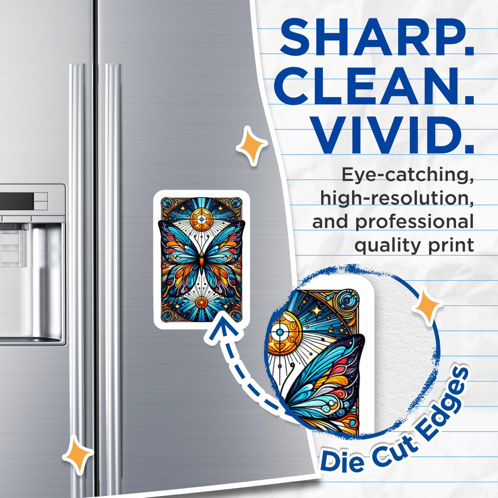 (2 Pack) Vibrant Stained Glass Butterfly Magnets - Celestial Sun Moon Motif - Mystical Art Nouveau Fridge Locker Decor - 5 Inches On Longest Side - Thick Durable Magnet - Made in USA - MAG20786