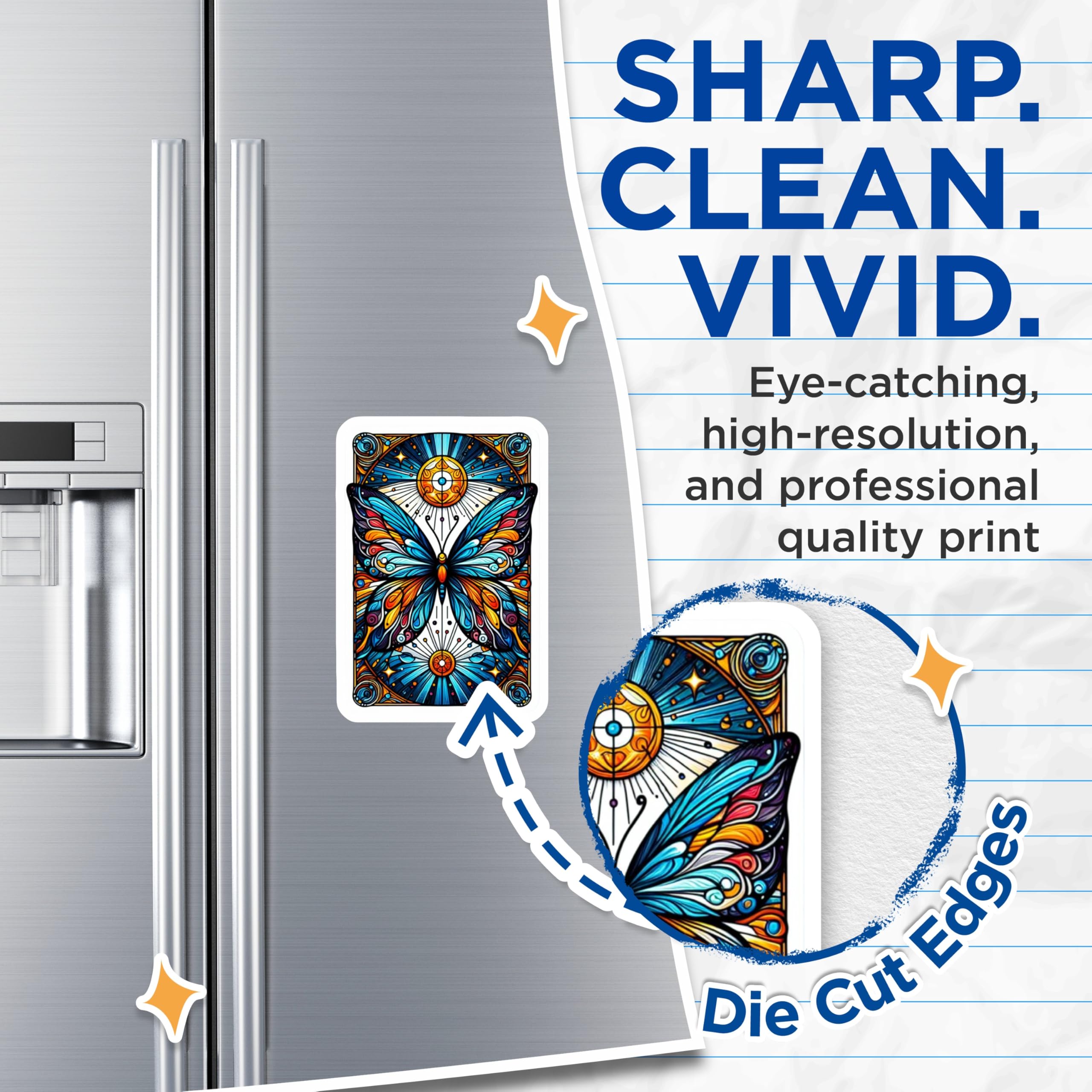 (2 Pack) Vibrant Stained Glass Butterfly Magnets - Celestial Sun Moon Motif - Mystical Art Nouveau Fridge Locker Decor - 5 Inches On Longest Side - Thick Durable Magnet - Made in USA - MAG20786