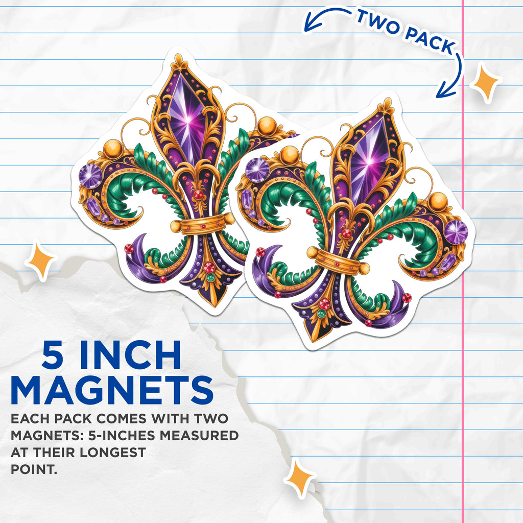 (2 Pack) Fleur de Lis Magnets - Mardi Gras Decor - New Orleans Style - Royal Symbol - Ornate Jewel Design - Louisiana Souvenir - 5" - Durable Magnet - Made in USA - MAG37998