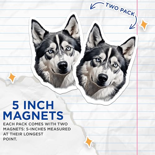 (2 Pack) Husky Dog Magnets - Siberian Husky Decor - Blue Eyed Dog Art - Canine Pet Accessory - 5 Inches On Longest Side - Thick Durable Magnet - Made in USA - MAG29187