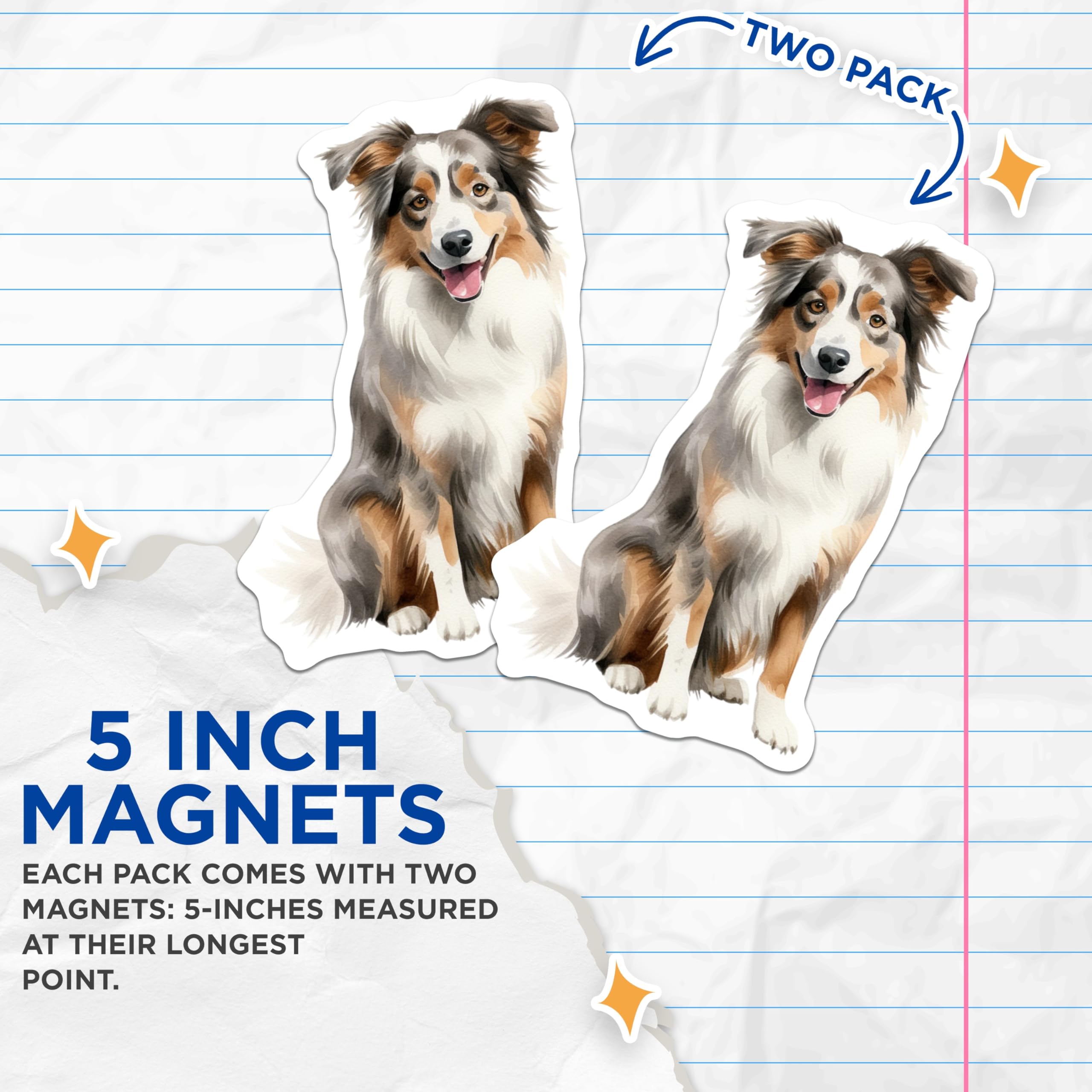 (2 Pack) Australian Shepherd Magnets - Watercolor Aussie Dog Art - Pet Owner Fridge Accessory - 5 Inches On Longest Side - Thick Durable Magnet - Made in USA - MAG30043