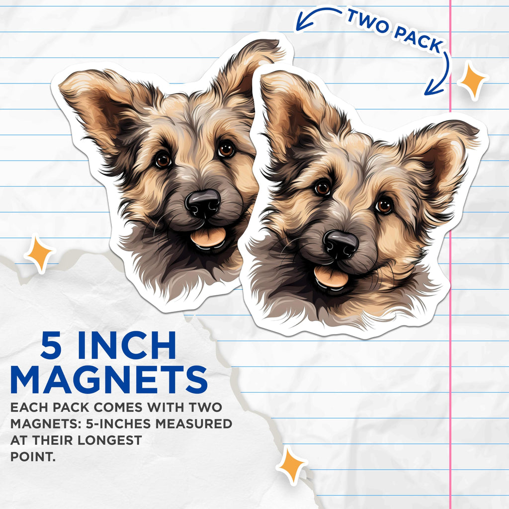 (2 Pack) German Shepherd Puppy Magnets - Adorable Dog Decor - Refrigerator Locker Accent - 5 Inches On Longest Side - Thick Durable Magnet - Made in USA - MAG24527