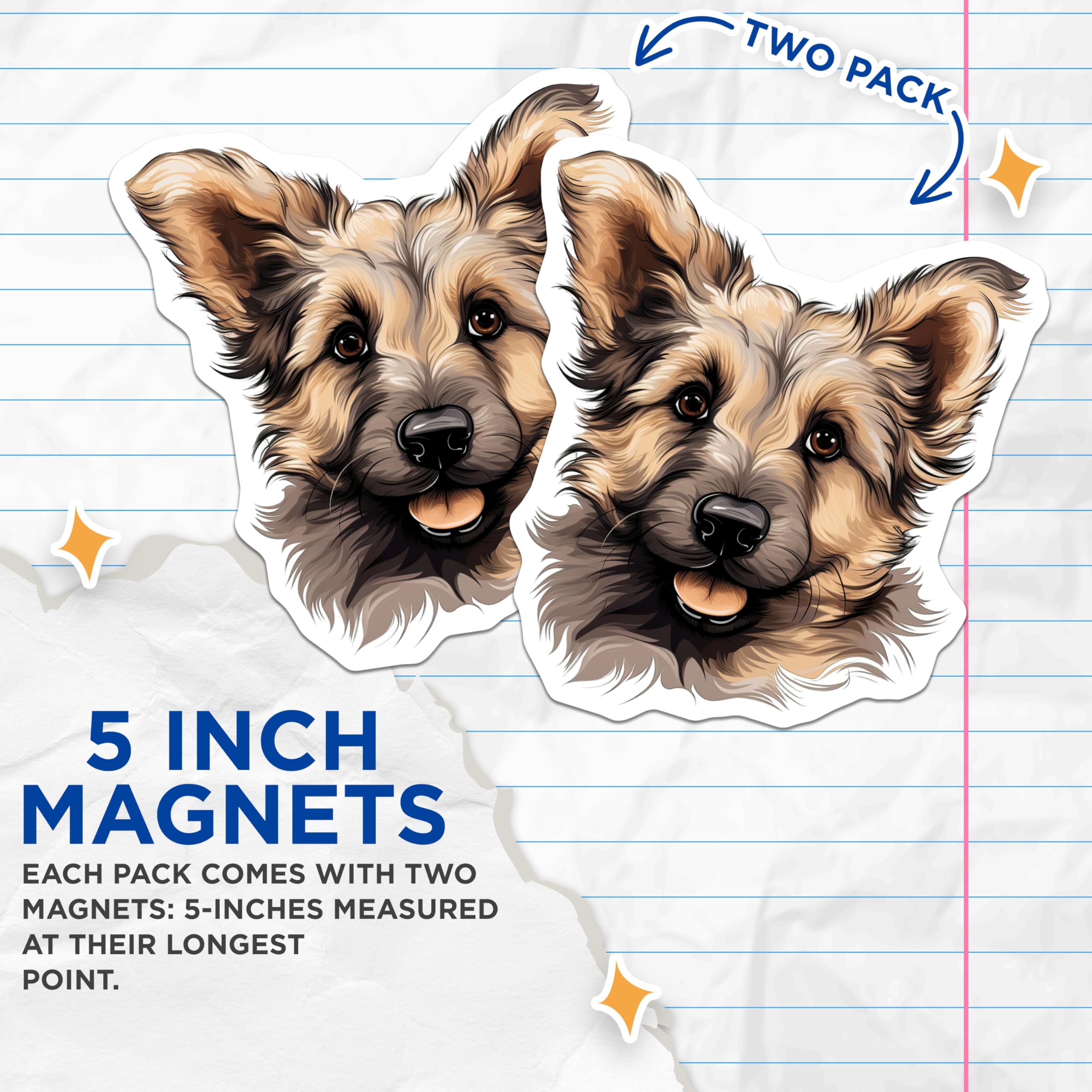 (2 Pack) German Shepherd Puppy Magnets - Adorable Dog Decor - Refrigerator Locker Accent - 5 Inches On Longest Side - Thick Durable Magnet - Made in USA - MAG24527