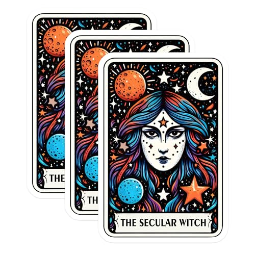 (3 Pack) Secular Witch Decals - Tarot Card Inspired - Colorful Occult Art Decal - 3 Inches On Longest Side - Easy Peel & Apply - Made in USA - 3MCS4069