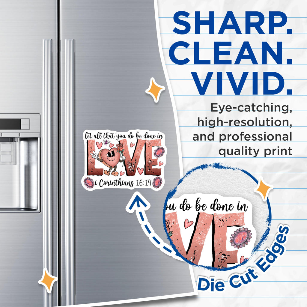 (2 Pack) Christian Love Magnets - Corinthians 16:14 Scripture Art - Inspirational Retro Heart Refrigerator Decor - 5 Inches On Longest Side - Thick Durable Magnet - Made in USA - MAG29062