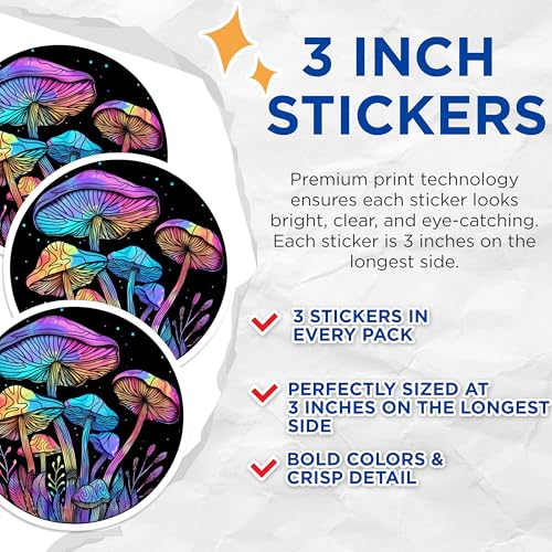 (3 Pack) Rainbow Mushroom Decals - Colorful Fungi Art - Laptop Decal Stickers- 3 Inches On Longest Side - Easy Peel & Apply - Made in USA - 3MCS5197