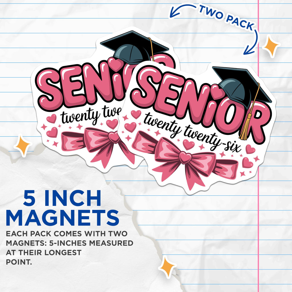 (2 Pack) Senior 2026 Class Magnets - Graduation Year Souvenir - Collegiate Celebration Decor - 5 Inches On Longest Side - Thick Durable Magnet - Made in USA - MAG20884