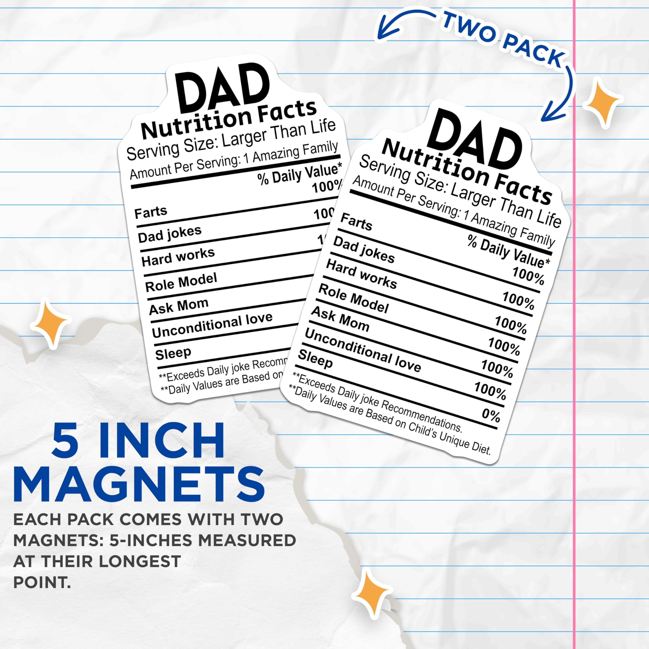 (2 Pack) Dad Nutrition Facts Magnets - Funny Father Magnet - Parent Refrigerator Decor - 5" On Longest Side - Premium Magnet - for Cars, Refrigerators, Toolboxes, Lockers - Made in USA - MAG16458