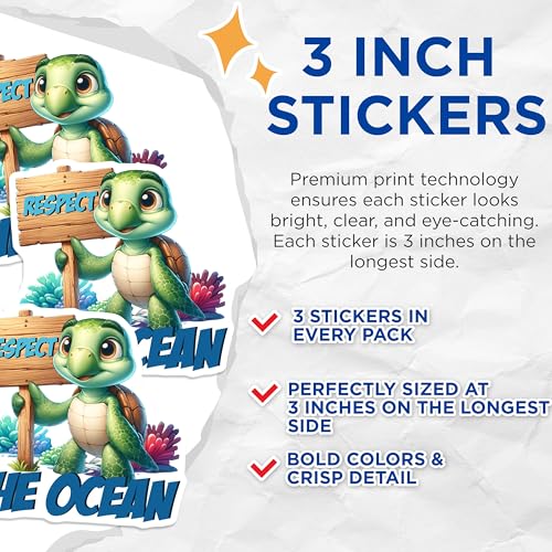 (3 Pack) Respect The Ocean Decals - Cute Turtle Decal - Sea Life Decal - 3 Inches On Longest Side - Easy Peel & Apply - Made in USA - 3MCS6720
