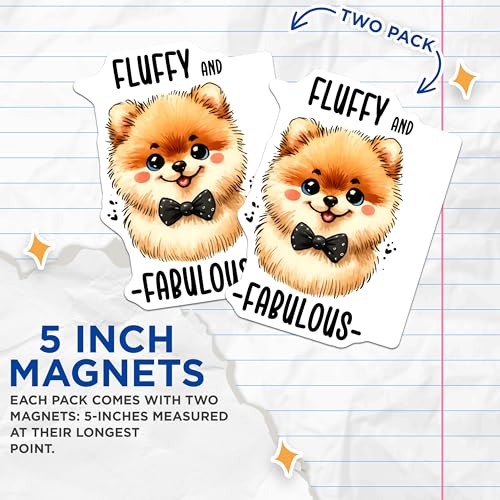 (2 Pack) Fluffy and Fabulous Pomeranian Magnets - Cute Dog Magnets - Bowtie Dog Magnets - Adorable Pet Magnets - 5" On Longest Side - for Cars, Fridges, Toolboxes - Made in USA - MAG3621