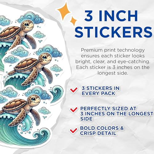 (3 Pack) Sea Turtle Decals - Ocean Wave - Laptop Stickers - 3 Inches On Longest Side - Easy Peel & Apply - Made in USA - 3MCS0105
