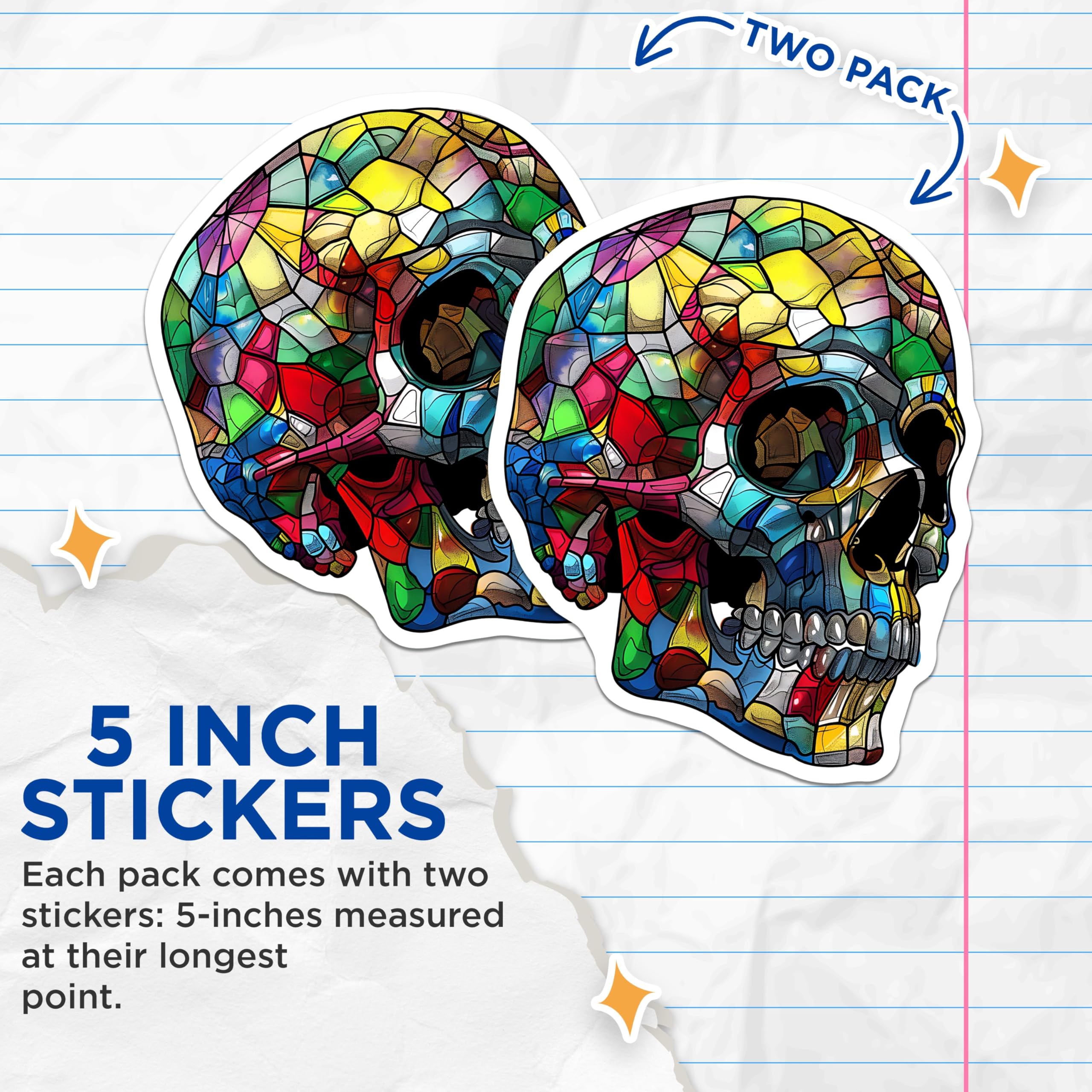 (2 Pack) Skull Art Stickers - Colorful Skull - Mosaic Skull Sticker- 5" On Longest Side - Sticks to Smooth Flat Surfaces - Made in USA - BMCS16595