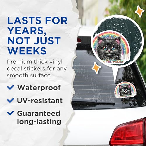 (2 Pack) Living The Dream Cat Stickers - Cute Kitten Rainbow Stickers - Adorable Feline Star Stickers - 5" On Longest Side - Sticks to Smooth Flat Surfaces - Made in USA - BMCS4593