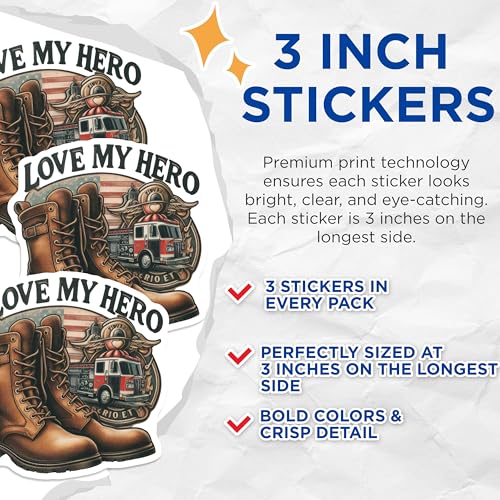 (3 Pack) Firefighter Decals - Love My Hero Decal - Fireman Boots Decal - 3 Inches On Longest Side - Easy Peel & Apply - Made in USA - 3MCS6018