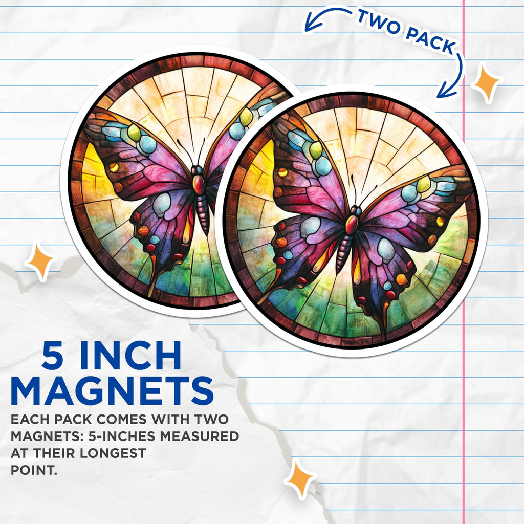 (2 Pack) Stained Glass Butterfly Magnets - Vibrant Floral Decor - Refrigerator Art Collectible - 5 Inches On Longest Side - Thick Durable Magnet - Made in USA - MAG30087