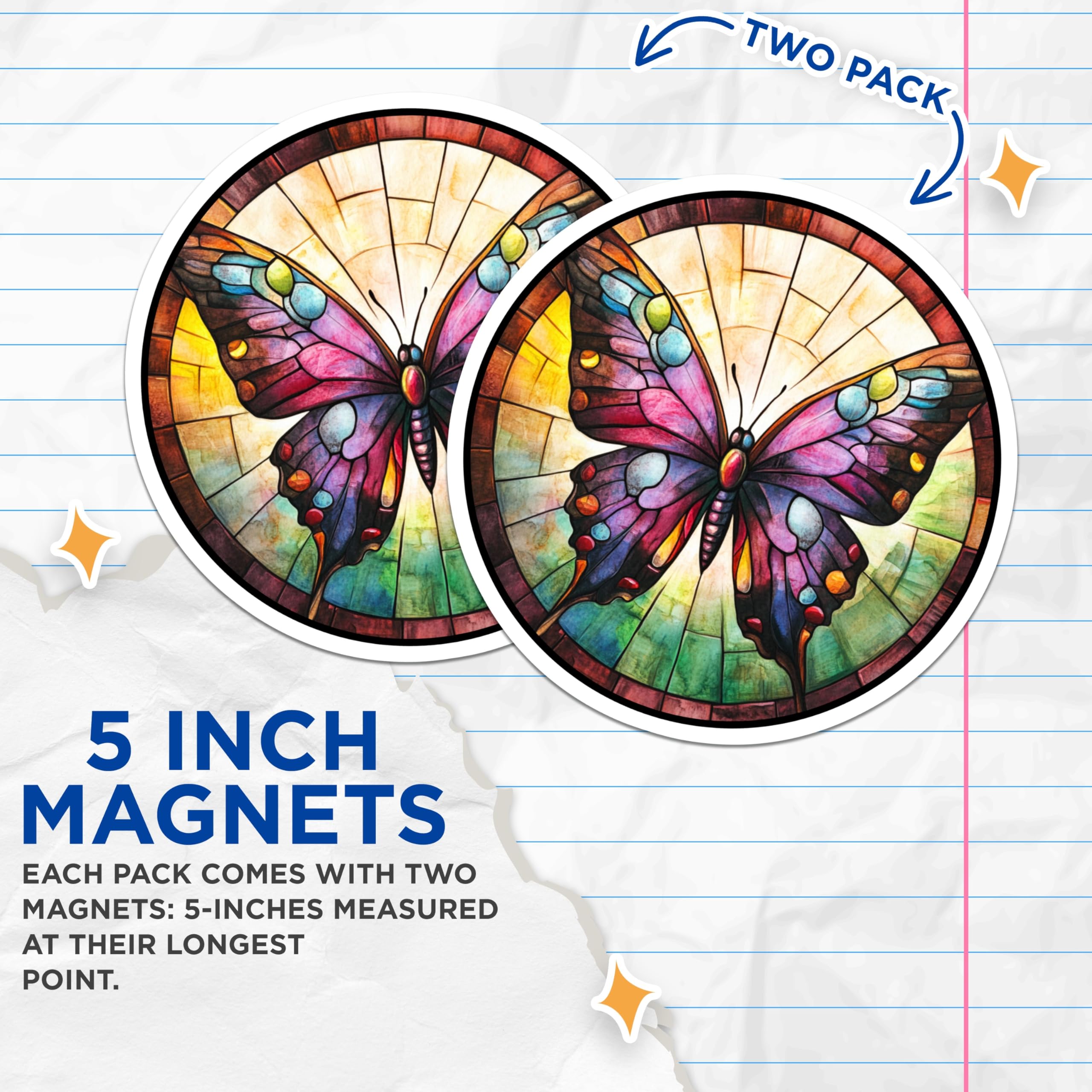 (2 Pack) Stained Glass Butterfly Magnets - Vibrant Floral Decor - Refrigerator Art Collectible - 5 Inches On Longest Side - Thick Durable Magnet - Made in USA - MAG30087