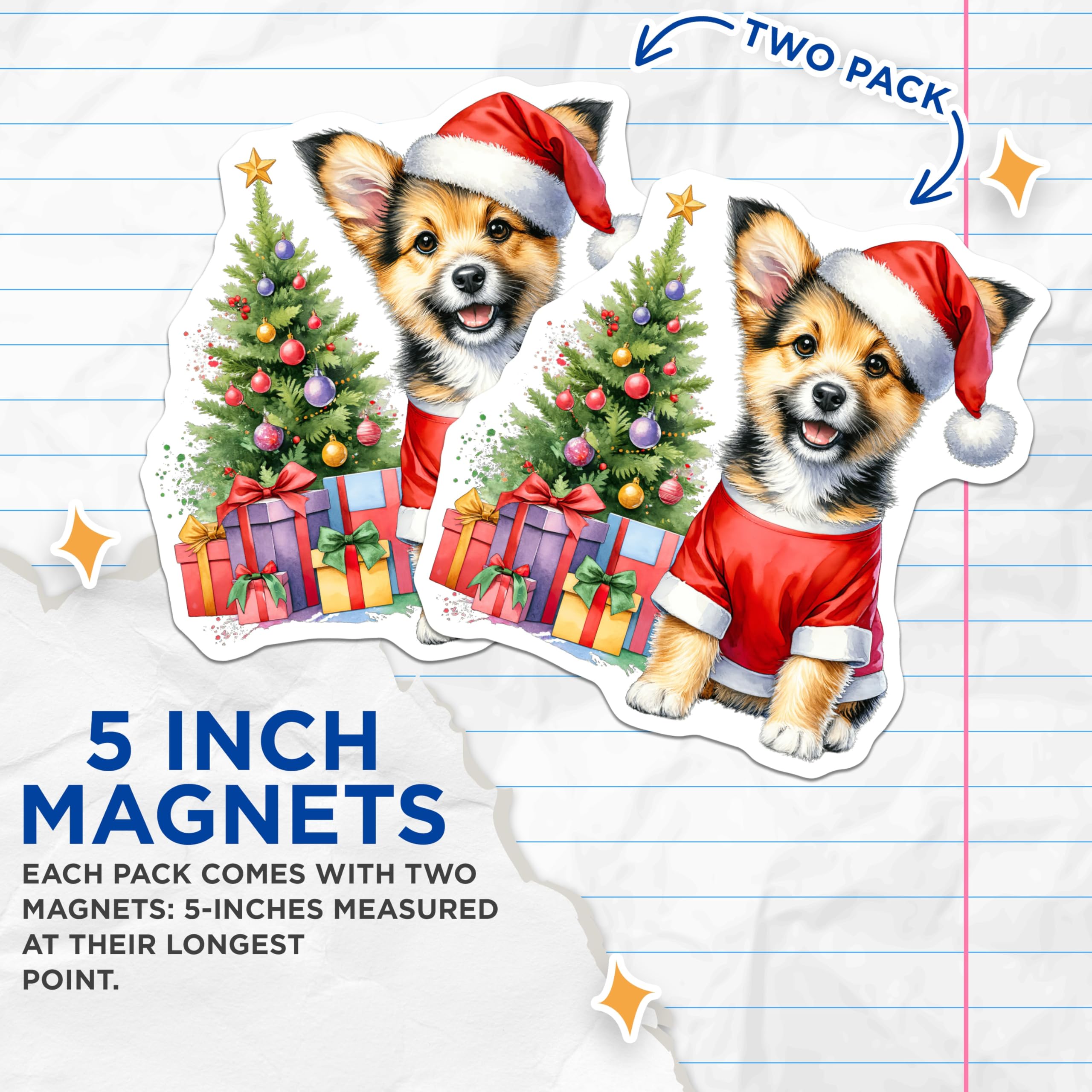 (2 Pack) Christmas Puppy Magnets - Santa Dog Holiday Decor - Cute Animal Refrigerator Magnet - 5 Inches On Longest Side - Thick Durable Magnet - Made in USA - MAG30581