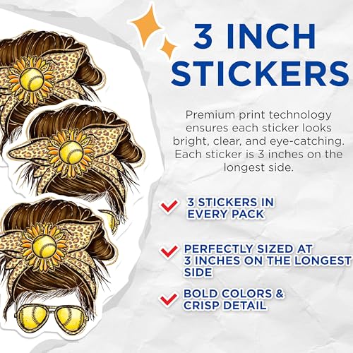 (3 Pack) Softball Mom Decals - Messy Bun - Leopard Print Sunglasses - 3 Inches On Longest Side - Easy Peel & Apply - Made in USA - 3MCS4958