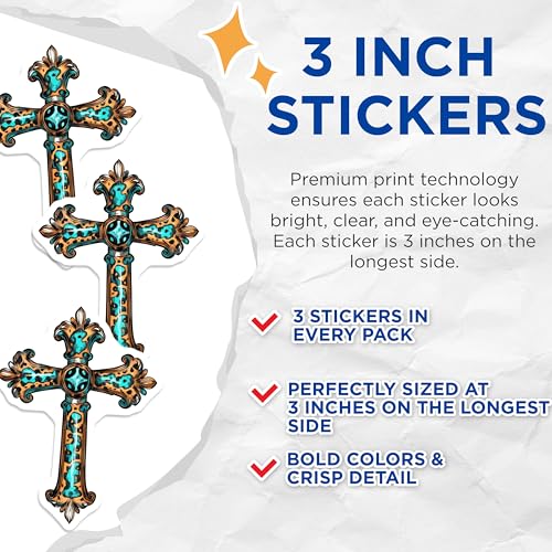 (3 Pack) Leopard Cross Decals - Turquoise Accents - Ornate Christian Decals - 3 Inches On Longest Side - Easy Peel & Apply - Made in USA - 3MCS7491