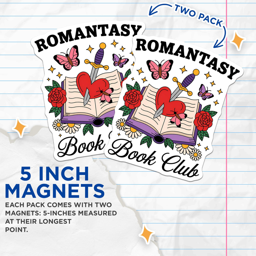 (2 Pack) Romantasy Book Club Magnets - Dark Romance Reader Decor - Bookish Fantasy Aesthetic - 5 Inches On Longest Side - Thick Durable Magnet - Made in USA - MAG21517