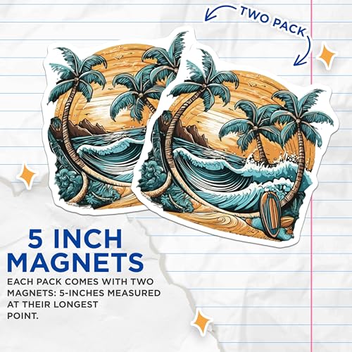 (2 Pack) Tropical Beach Magnets Magnets - Ocean Waves - Surfboard Decor - 5" On Longest Side - Made in USA - Sticks to Refrigerators & Metal Surfaces - MAG9261