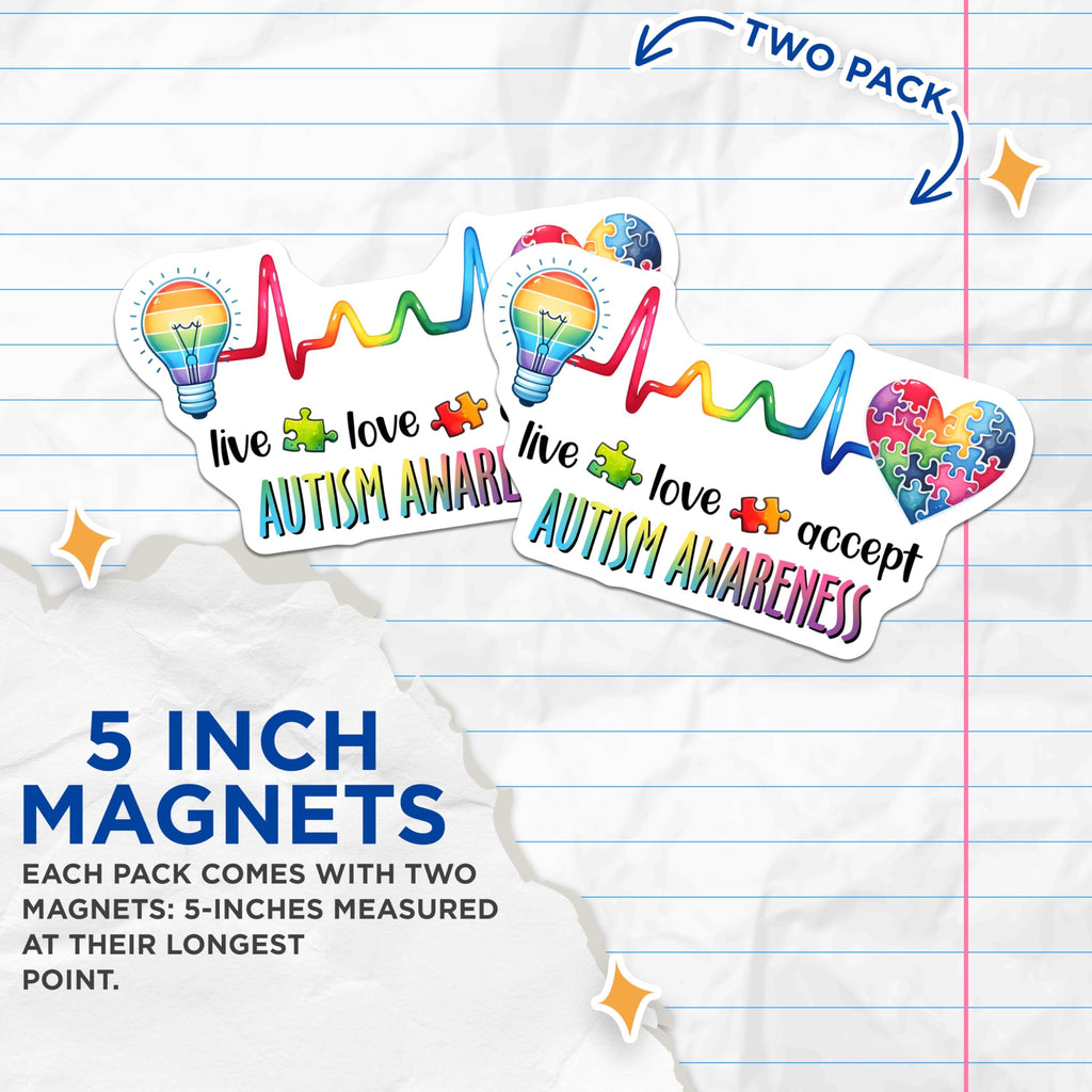 (2 Pack) Autism Awareness Magnets - Live Love Accept Magnets - Autism Support Magnets - 5" On Longest Side - for Cars, Refrigerators, Toolboxes, Lockers - Made in USA BMCS3201