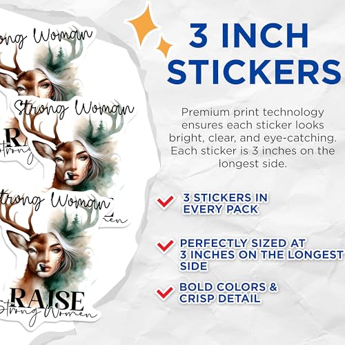 (3 Pack) Strong Woman Decals - Deer Decals - Raise Strong Women Stickers - 3 Inches On Longest Side - Easy Peel & Apply - Made in USA - 3MCS8002