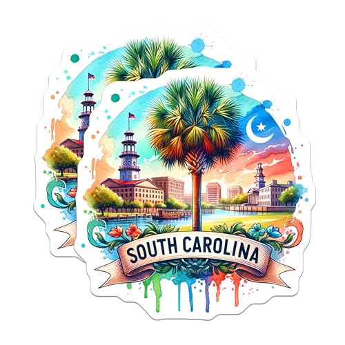 (2 Pack) South Carolina Magnets - State Souvenir - Carolina Palmetto Tree - Charleston Skyline - Watercolor Artwork - 5" On Longest Side - for Cars, Fridges, Toolboxes - Made in USA - MAG6808