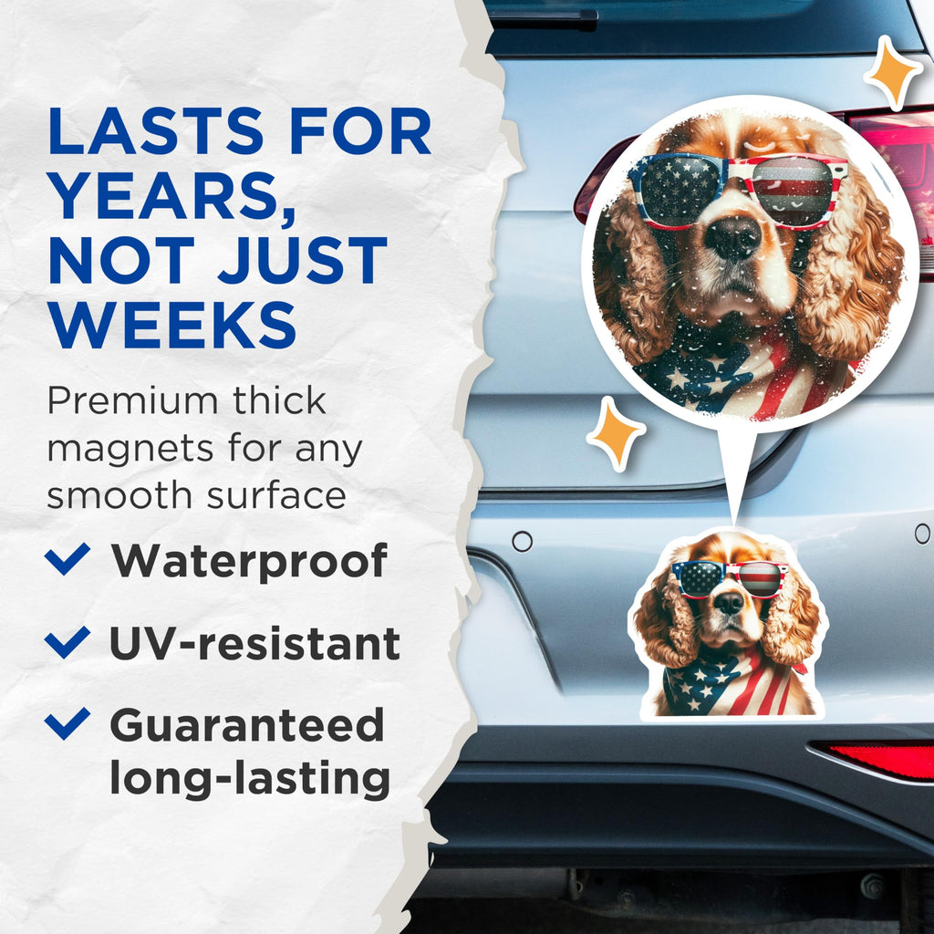 (2 Pack) Cocker Spaniel Magnets - American Flag Sunglasses - Patriotic Dog Accessories - 5" On Longest Side - Premium Magnet - for Cars, Refrigerators, Toolboxes, Lockers - Made in USA - MAG16120