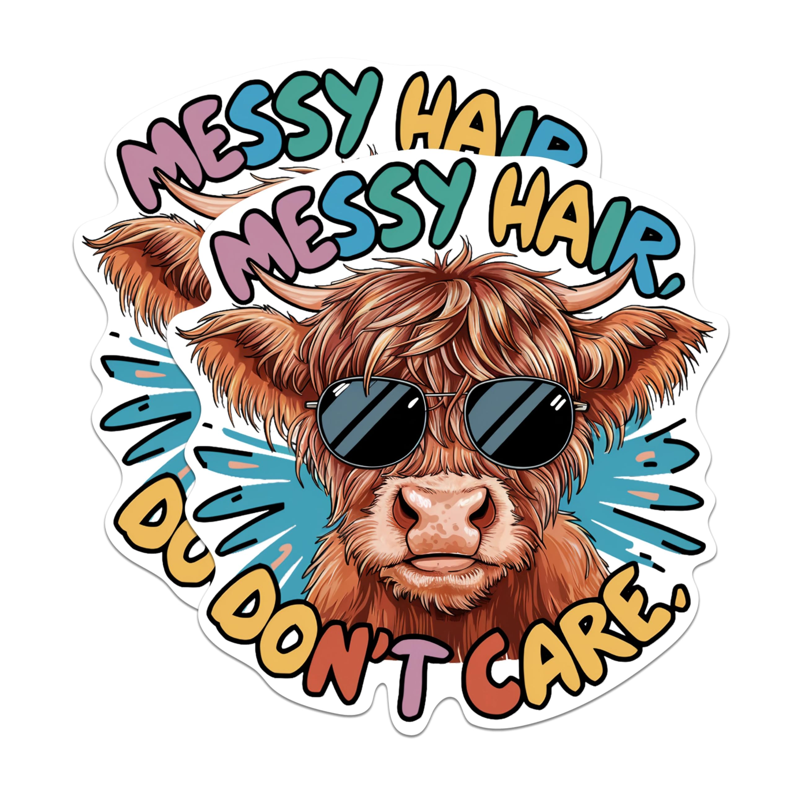 (2 Pack) Messy Hair, Don't Care. Magnets - Funny Punny Highland Cow Magnet - 5 Inches On Longest Side - Premium Magnet - for Cars, Refrigerators, Toolboxes - Made in USA - MAG2041