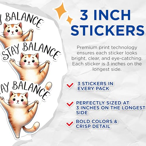 (3 Pack) Yoga Cat Decals - Stay Balanced - Cute Kitten Stickers - 3 Inches On Longest Side - Easy Peel & Apply - Made in USA - 3MCS1298