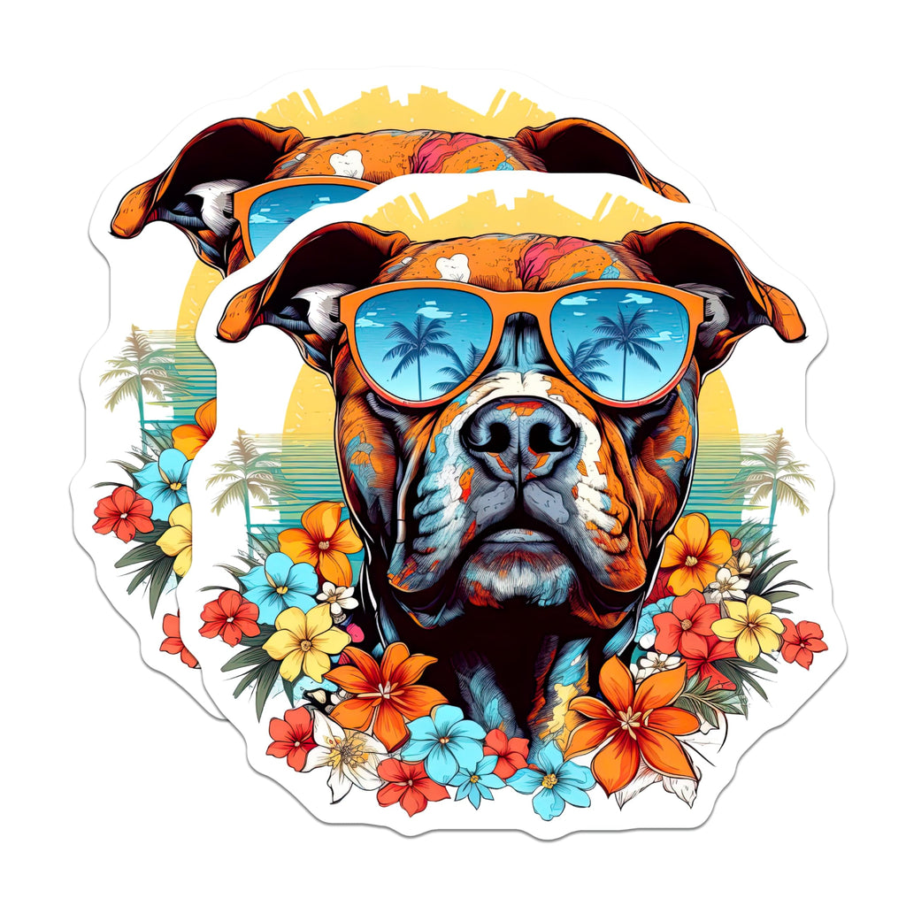 (2 Pack) Pitbull Dog Magnets - Vibrant Summer Sunglasses - Hawaiian Tropical Flower Art - 5 Inches On Longest Side - Thick Durable Magnet - Made in USA - MAG20233
