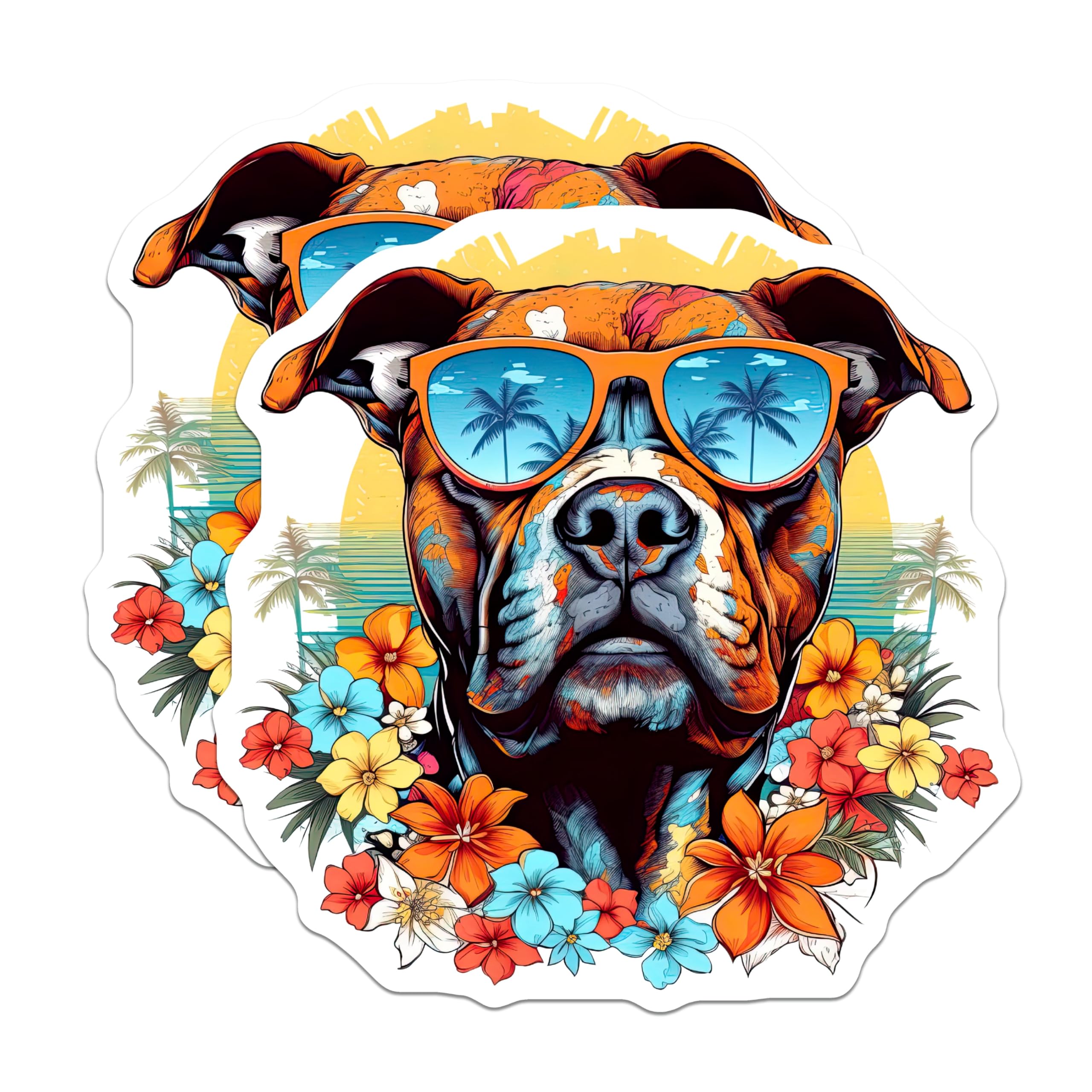 (2 Pack) Pitbull Dog Magnets - Vibrant Summer Sunglasses - Hawaiian Tropical Flower Art - 5 Inches On Longest Side - Thick Durable Magnet - Made in USA - MAG20233