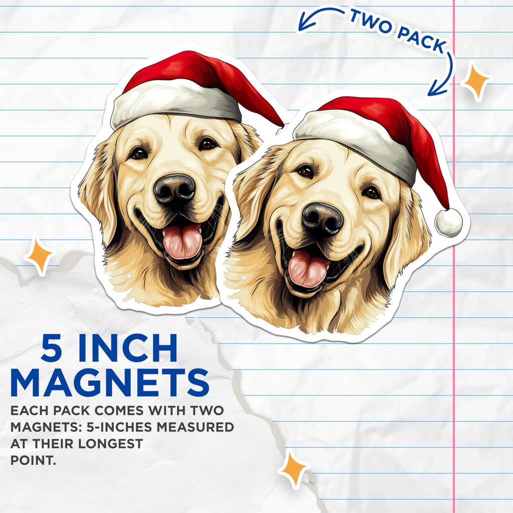 (2 Pack) Golden Retriever Magnets - Christmas Dog Breed Decor - Festive Canine Refrigerator Art - Happy Pet Holiday - 5 Inches On Longest Side - Thick Durable Magnet - Made in USA - MAG24725