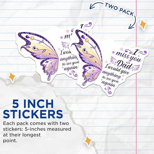 (2 Pack) I Miss You Dad Stickers - Memorial Stickers for Dad - Sentimental Butterfly Stickers - 5" On Longest Side - Sticks to Smooth Flat Surfaces - Made in USA - BMCS6119