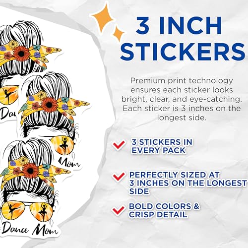 (3 Pack) Dance Mom Decals - Messy Bun Decal - Floral Headband Dancer Decal - 3 Inches On Longest Side - Easy Peel & Apply - Made in USA - 3MCS2976