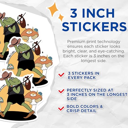 (3 Pack) Froggy Hobo Decals - Mushroom Art - Laptop Stickers- 3 Inches On Longest Side - Easy Peel & Apply - Made in USA - 3MCS5376