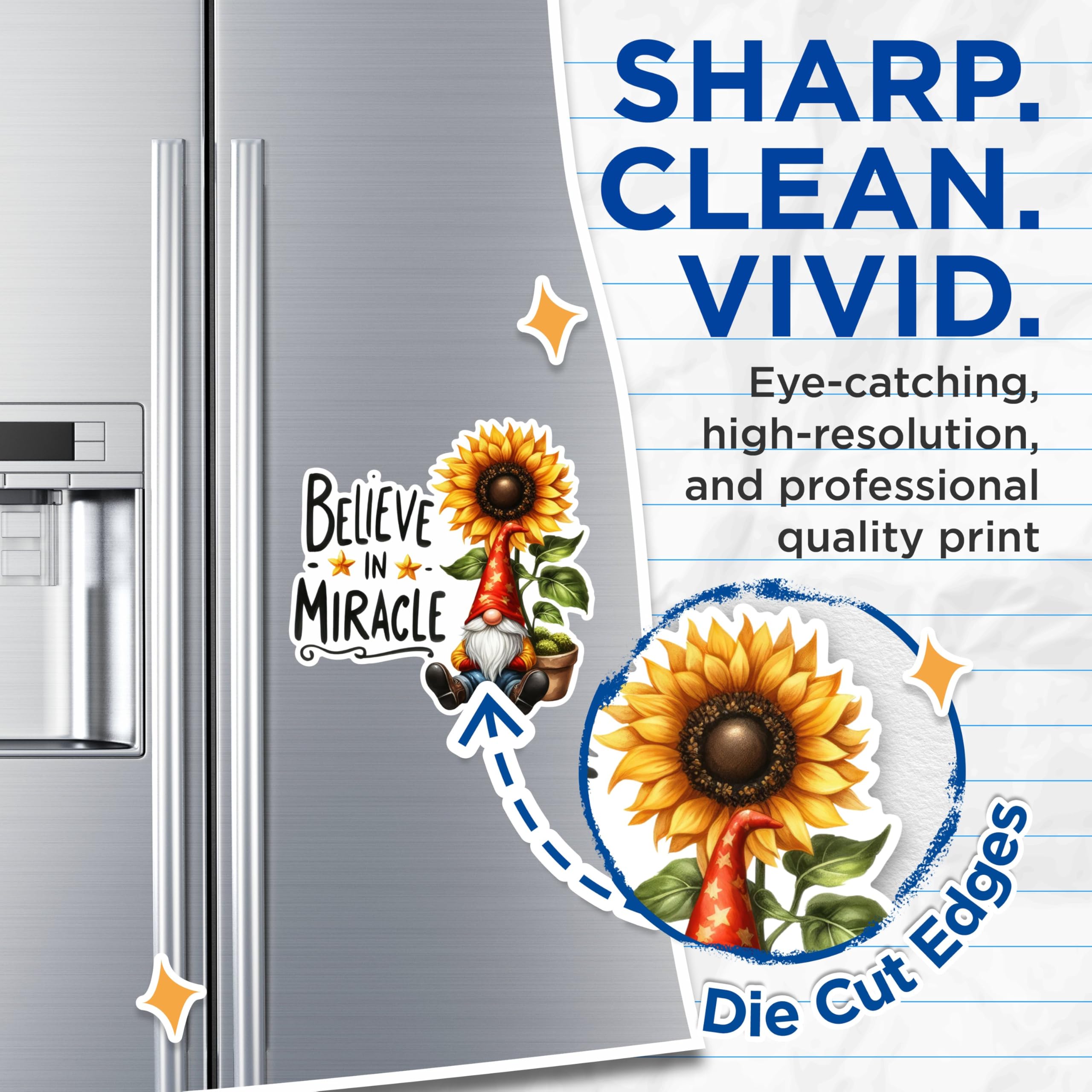 (2 Pack) Gnome Sunflower Magnet Set - Believe in Miracle Magnets - Inspirational Quote Magnets- 5" On Longest Side - for Fridges, Toolboxes, Cars - Made in USA - MAG2902