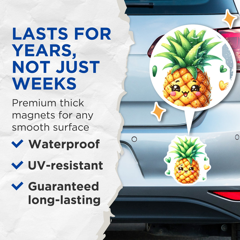 (2 Pack) Kawaii Pineapple Magnets - Cute Fruit Decor - Tropical Fridge Accessory - Happy Locker Magnet - 5 Inches On Longest Side - Thick Durable Magnet - Made in USA - MAG36798