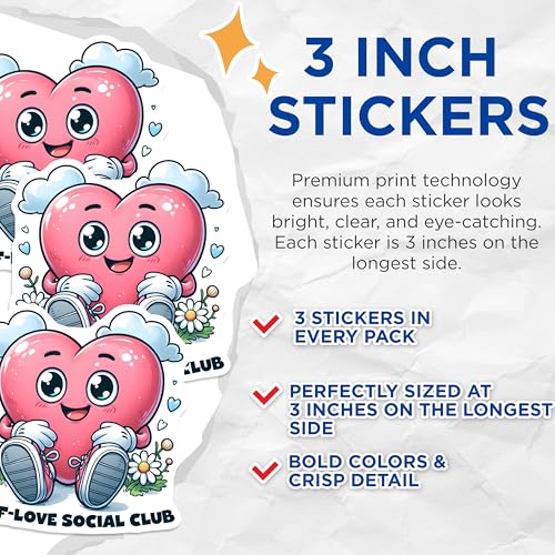 (3 Pack) Heart Decals - Self Love Social Club - Cute Laptop Decals - 3 Inches On Longest Side - Easy Peel & Apply - Made in USA - 3MCS6278