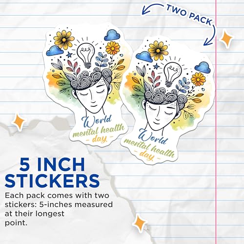 (2 Pack) World Mental Health Day Stickers - Inspirational Design - Mental Wellness - 5" On Longest Side - Sticks to Smooth Flat Surfaces - Made in USA - BMCS8244